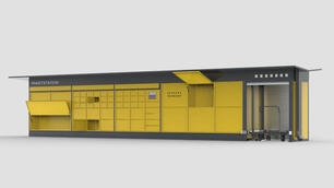 Neumaier Paketstation für Unternehmen mit Sonderfachgrößen, beidseitige Bestückung und zentralem Leitstand.