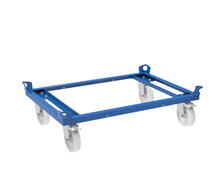 Trolley 800 x 1200 mm mit 4 Lenkrollen mit Kugellager (Ø 200 mm, 2x mit Bremse) und Unterfahrhöhe von 235 mm.